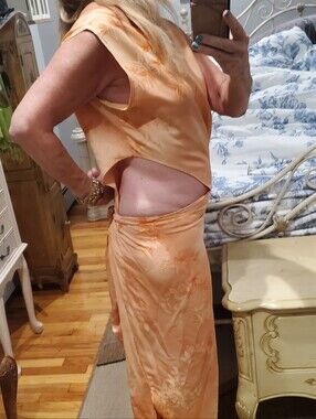 S NWOT Silk Kimono Dress Peach Coral Tie Back Cut Outs Summer Party Wedding OOAK